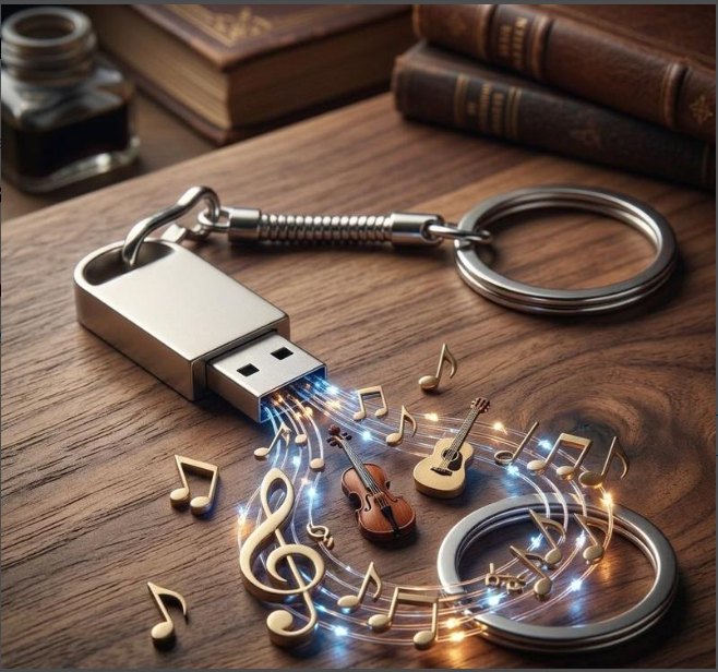Pendrive sobre mesa de madeira cercado de notas musicais